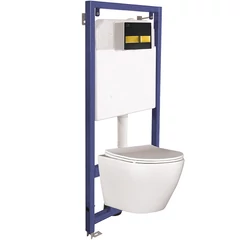 LAVEO AKAN / DESNA WC-szett rejtett fali tartállyal, arany/fekete öblítővel, fali WC-vel, keskeny ülőkével