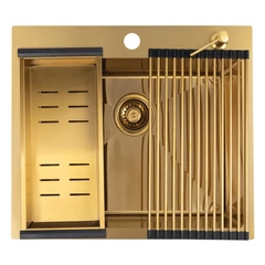 LAVEO MALAWI arany színű beépíthető inox mosogató szifonnal, rollmat csepegtetővel, gyümölcsmosóval, mos.szer adagolóval, 50x58x20 cm