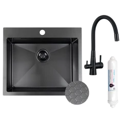 LAVEO MALAWI fekete színű, struktúrált felületű beépíthető inox mosogató szifonnal, RIVECO vízszűrős szettel, 50x58x20 cm