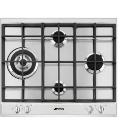 SMEG GÁZ FŐZŐLAP,Selezione ,60 cm,3 normál+1 3,5 kW WOK égő,öntöttvas edénytartó rács, ujjlenyomatm.rm.acél,ezüst gombok