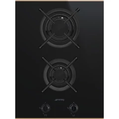 SMEG GÁZ FŐZŐLAP, Dolce Stil Novo design,38 cm,2 gázégő, öntöttvas edénytartók, feketeüvegkerámia alap réz díszítéssel