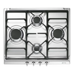 SMEG GÁZ FŐZŐLAP, Classic design, 60 cm, 4 gázégő, öntöttvas edénytartók, rozsdamentes acél, ezüst vezérlőgombok