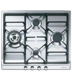 SMEG GÁZ FŐZŐLAP,Classic ,60 cm,4 gázégő,ebből 1 3,9 kW-os wok égő,,szálcsiszolt rozsdamentes acél,ezüst vezérlőgombok