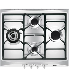 SMEG GÁZ FŐZŐLAP,Selezione,60 cm,4 égő,ebből 1 db 3,9 kW-os wok égő,öntöttvas edénytartó rácsok,szálcsisz.rm.acél