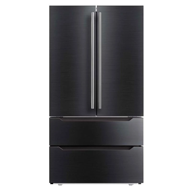 Midea HQ-692wen kombinált hűtő, fagyasztó, French Door, felül 2ajtó, alul fiókos, FEKETE üveg, A++, 190cm magas, 84széles 69mély