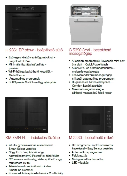 Miele szett H2861Bp, G5350Scvi, KM7564FL, M2230 sütő, mikró, főzőlap, mosogatógép